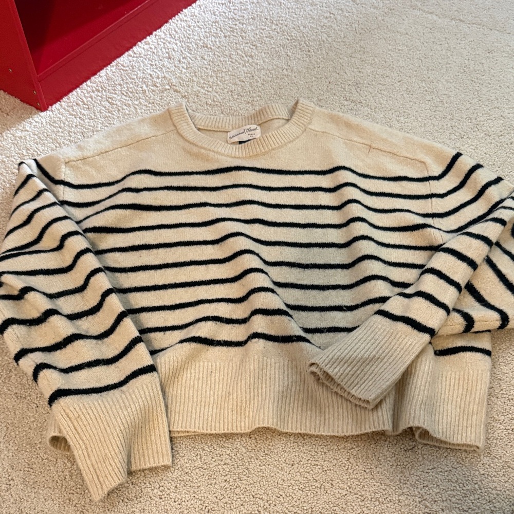 Universal Thread Cropped Cream and Black Striped Crewneck Sweater